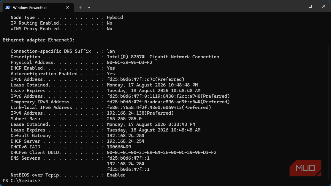 Windows 11 VM lab client with results of ipconfig /all showing router-assigned IP