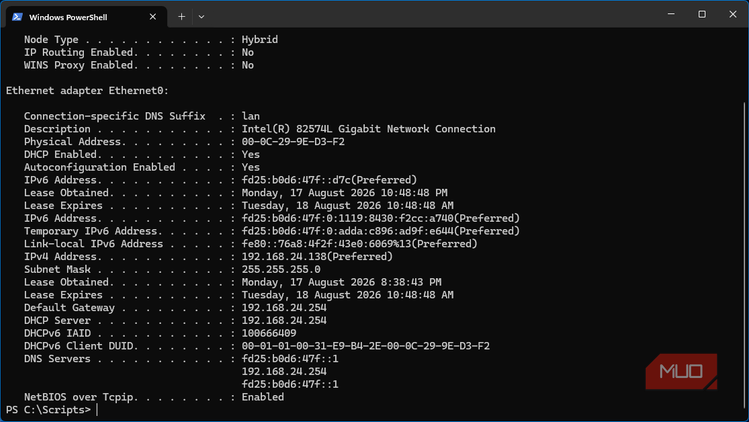 Windows 11 VM lab client with results of ipconfig /all showing router-assigned IP