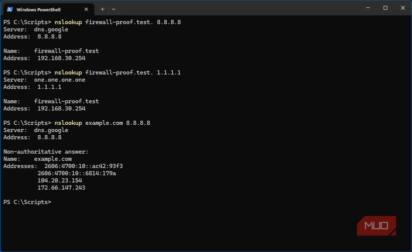 Windows 11 VM showing DNS redirect rule working while preserving external DNS requests