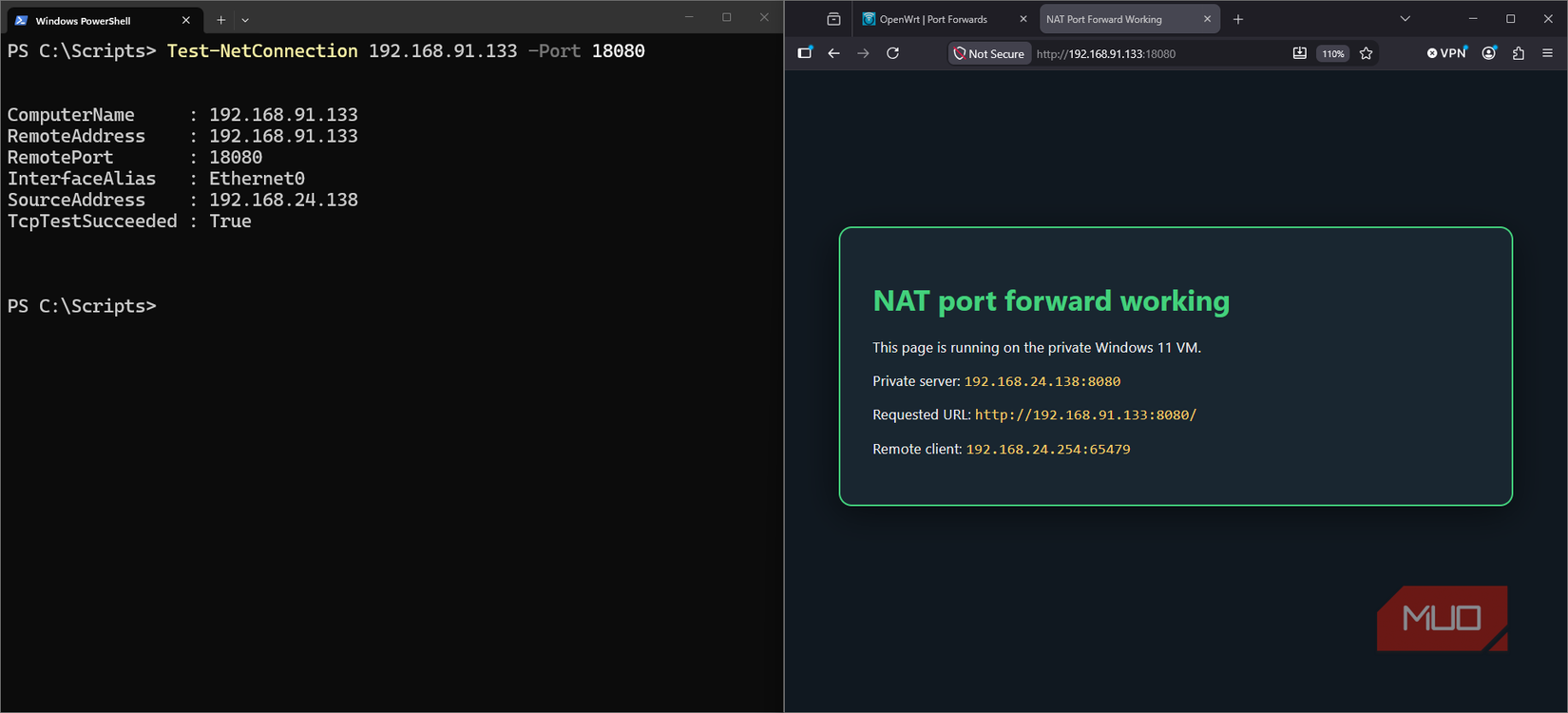 Opening the WIndows 11 VM web server from itself, demonstrating NAT loopback