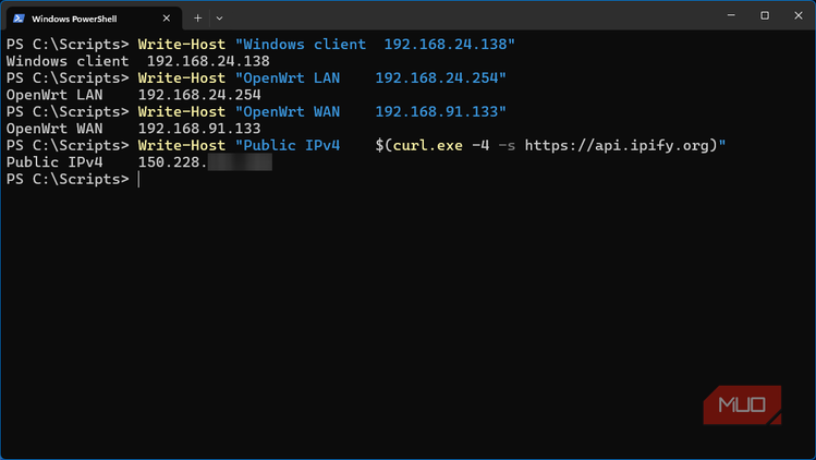 Windows 11 VM lab client showing four IP addresses associated with NAT