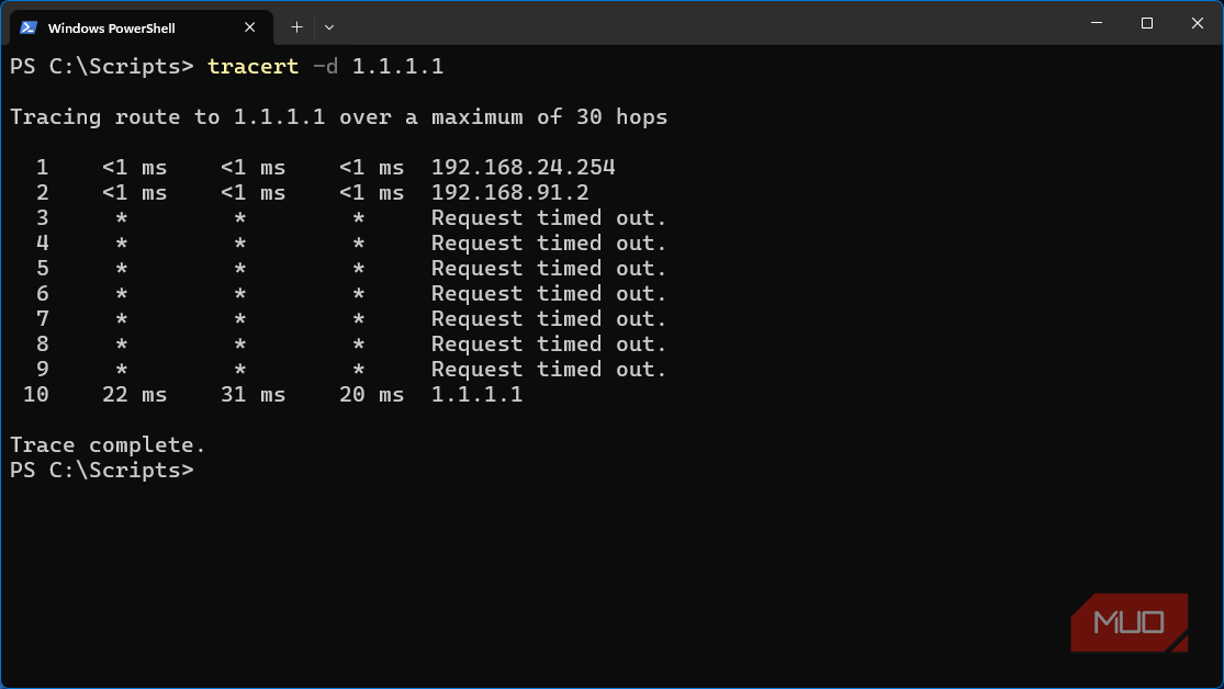 Windows 11 VM client traceroute command showing first 2 hops and associated NAT interfaces