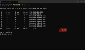 Windows 11 VM client traceroute command showing first 2 hops and associated NAT interfaces