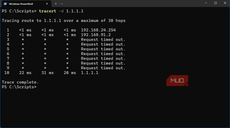 Windows 11 VM client traceroute command showing first 2 hops and associated NAT interfaces
