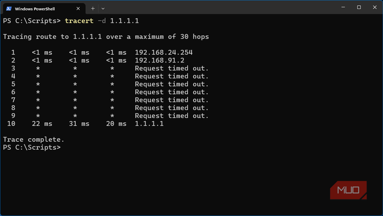 Windows 11 VM client traceroute command showing first 2 hops and associated NAT interfaces