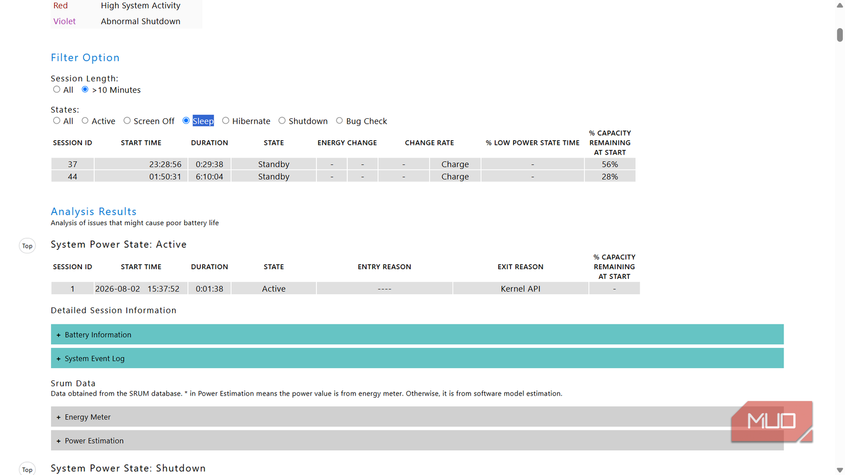 Windows battery report analysis results and session details