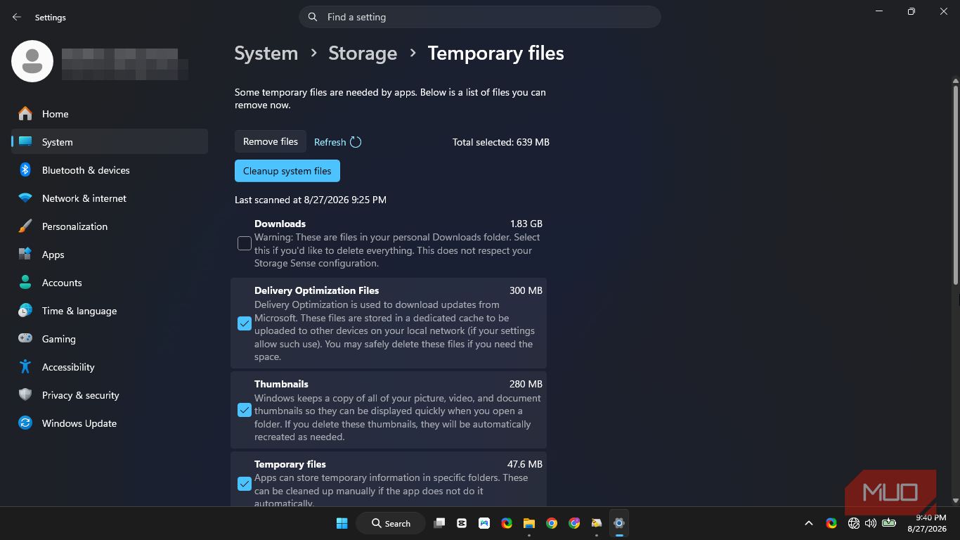 Temporary files in system storage on Windows 11 Settings, displaying available options for cleanup.
