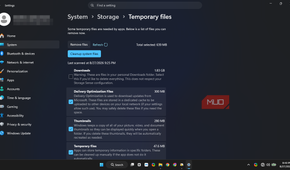 Temporary files in system storage on Windows 11 Settings, displaying available options for cleanup.