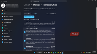 Temporary files in system storage on Windows 11 Settings, displaying available options for cleanup.