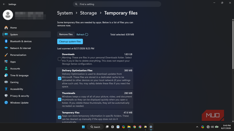 Temporary files in system storage on Windows 11 Settings, displaying available options for cleanup.