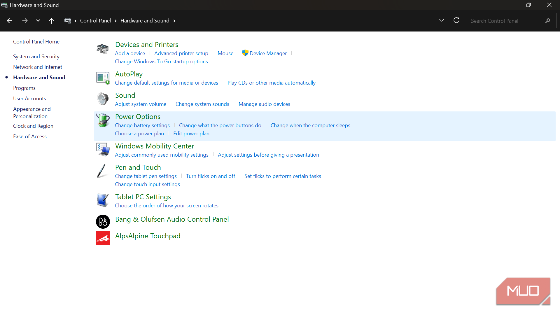 Windows Control Panel Hardware and Sound settings