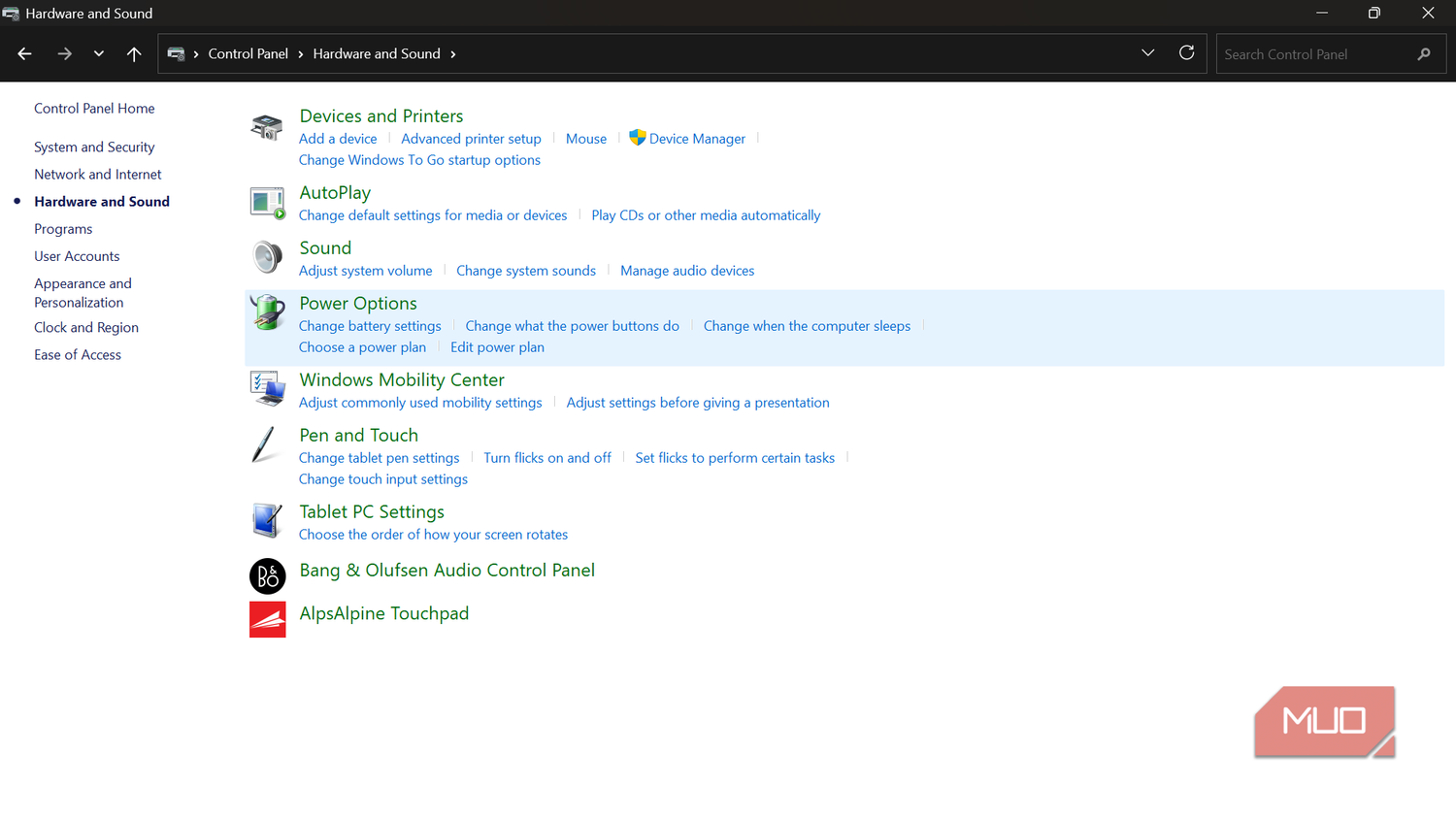 Windows Control Panel Hardware and Sound settings