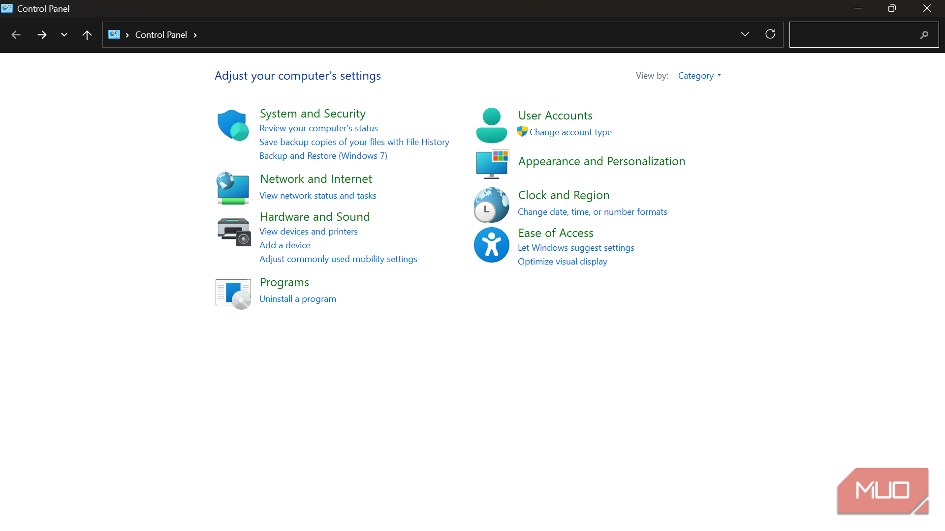 Windows Control Panel main settings menu