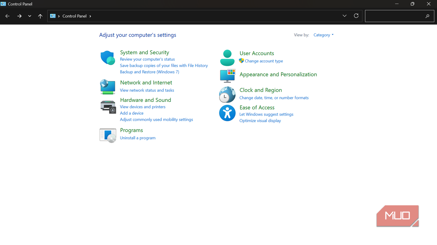 Windows Control Panel main settings menu