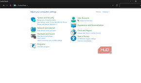 Windows Control Panel main settings menu