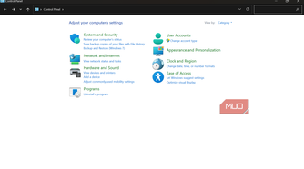 Windows Control Panel main settings menu