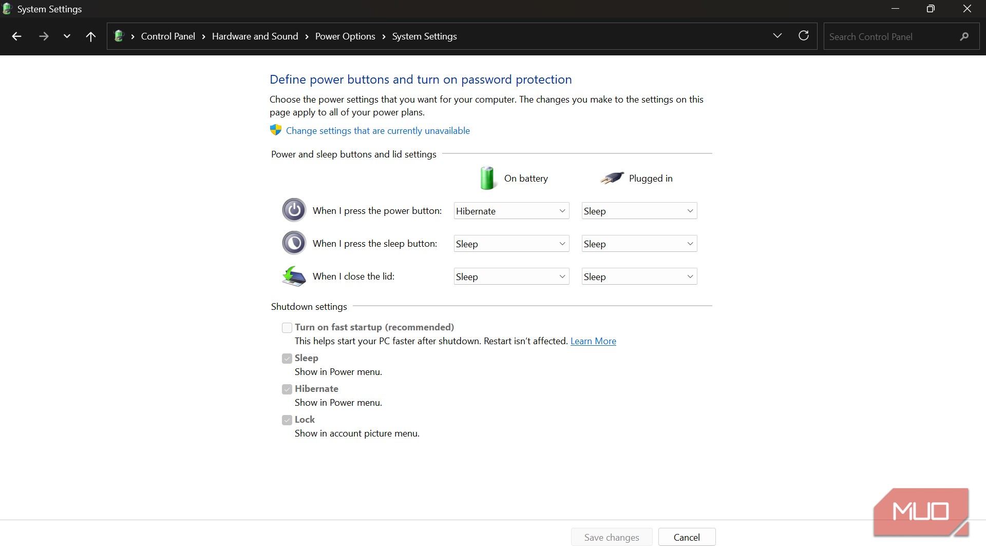 Windows control panel power options system settings