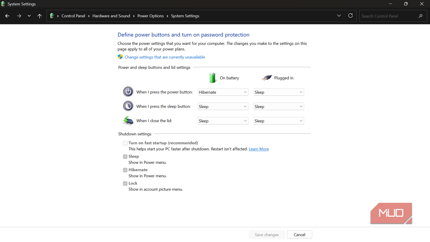 Windows control panel power options system settings