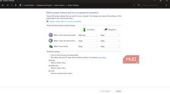 Windows control panel power options system settings