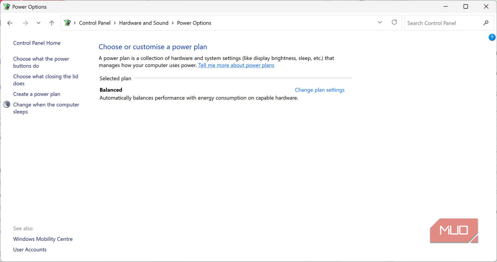 windows control panel power schemes showing only balanced.