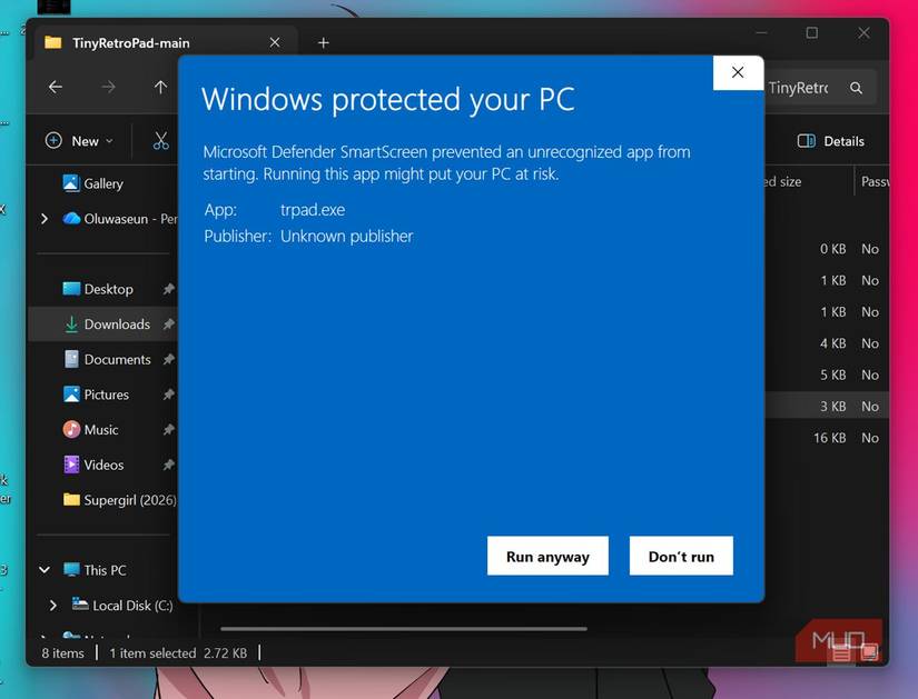 Предупреждение Windows Defender при запуске TinyRetroPad