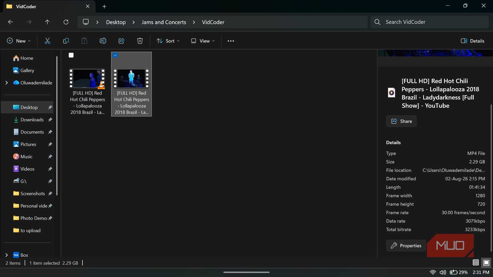Windows file explorer showing encoded video file.