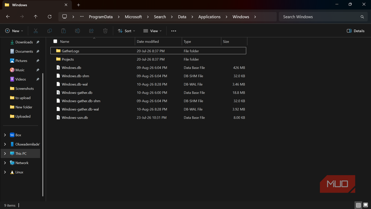 Windows file explorer showing system folders
