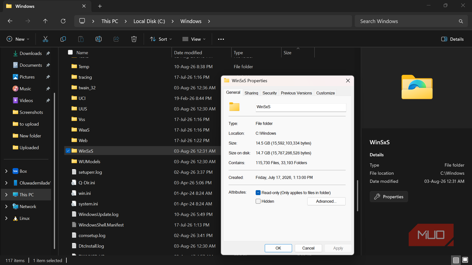 Windows file explorer showing WinSxS folder properties.