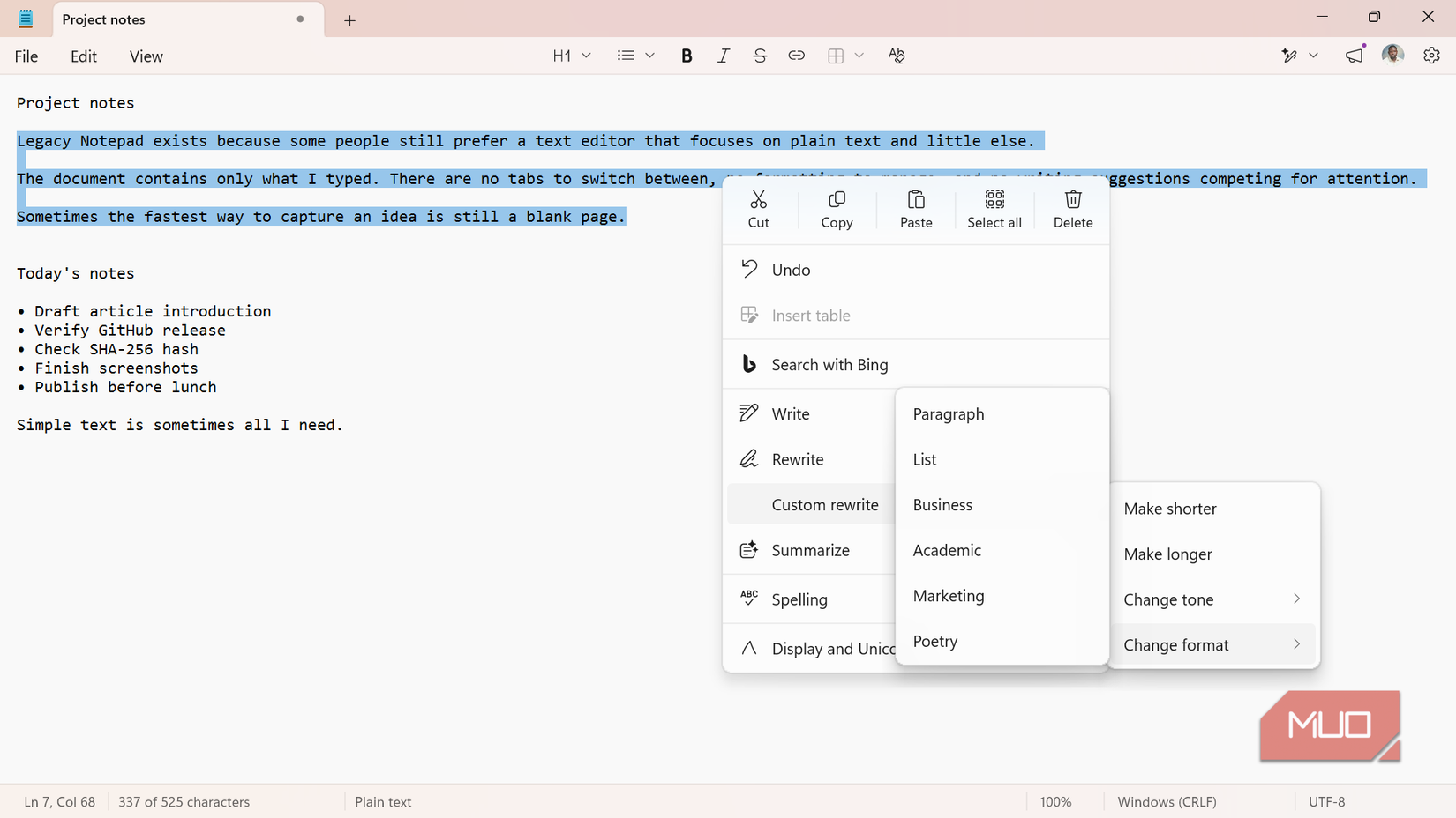 Windows Notepad application with context menu open