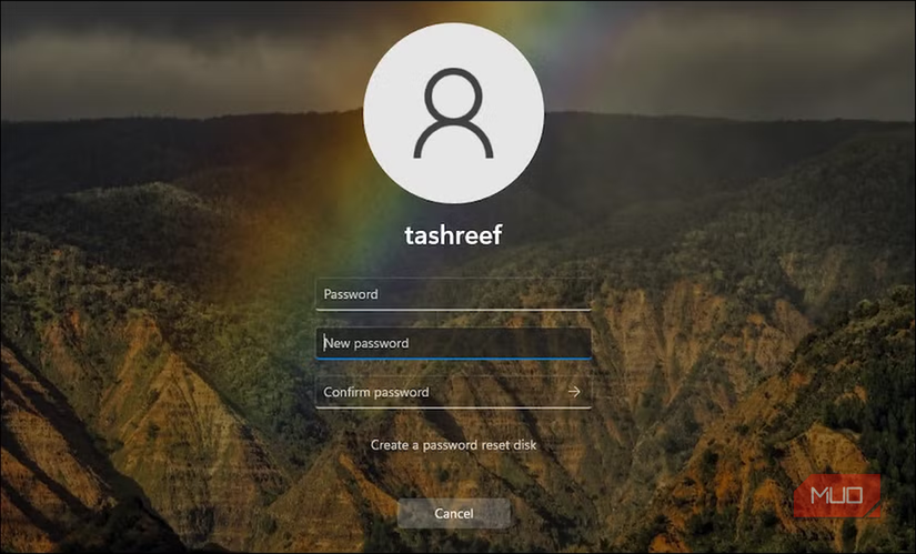 Windows password reset screen with user profile