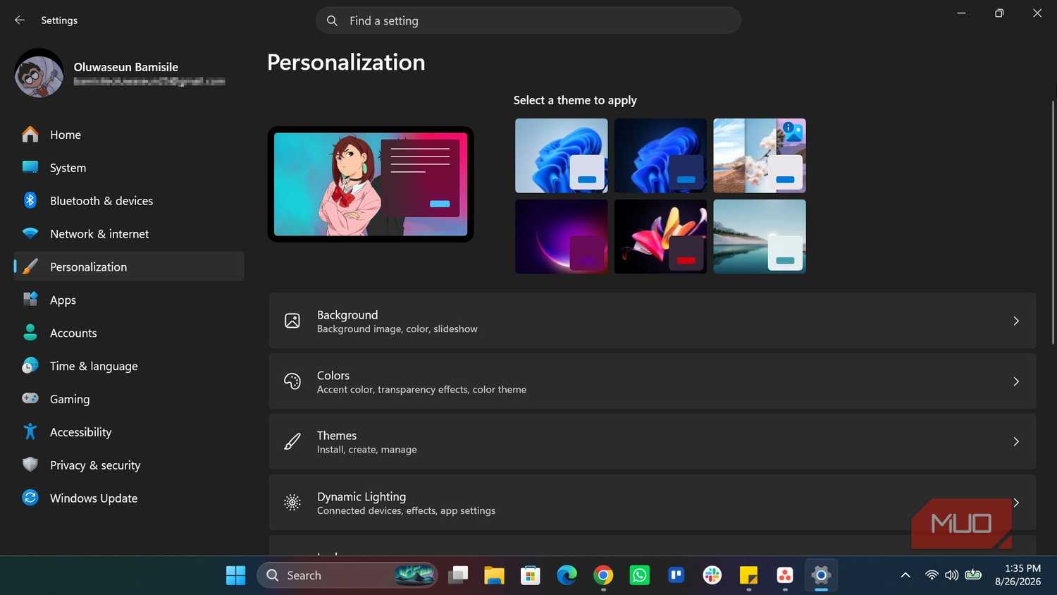 Windows Personalization setting
