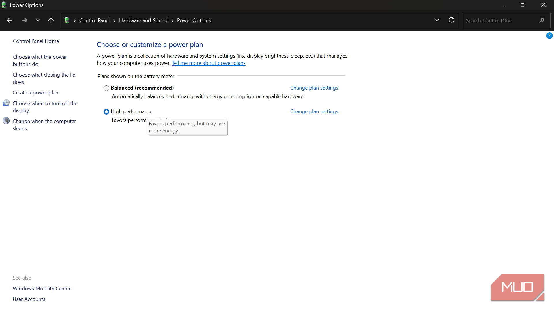Windows power options control panel window