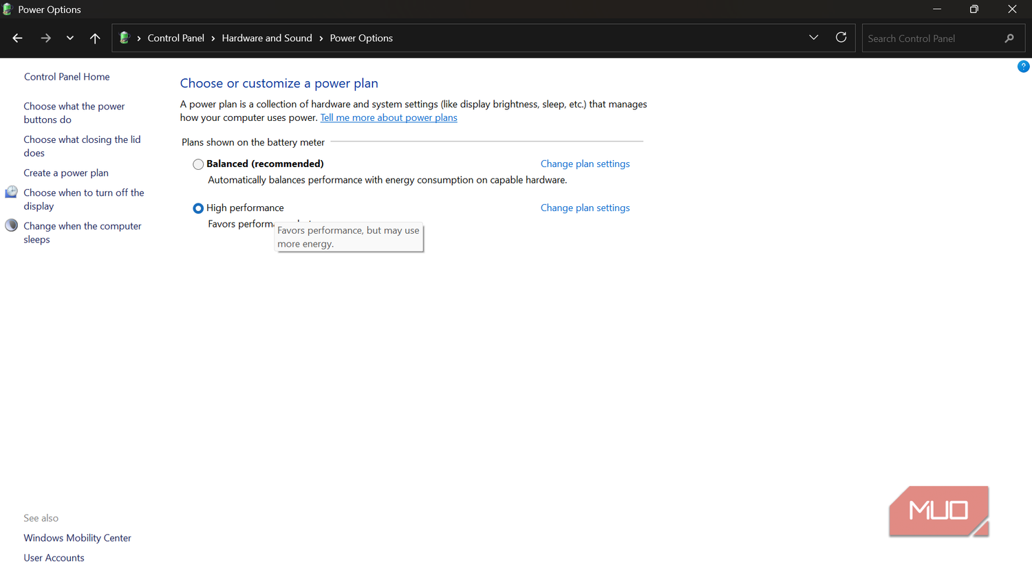 Windows power options control panel window
