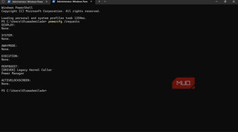 Windows PowerShell running powercfg requests command