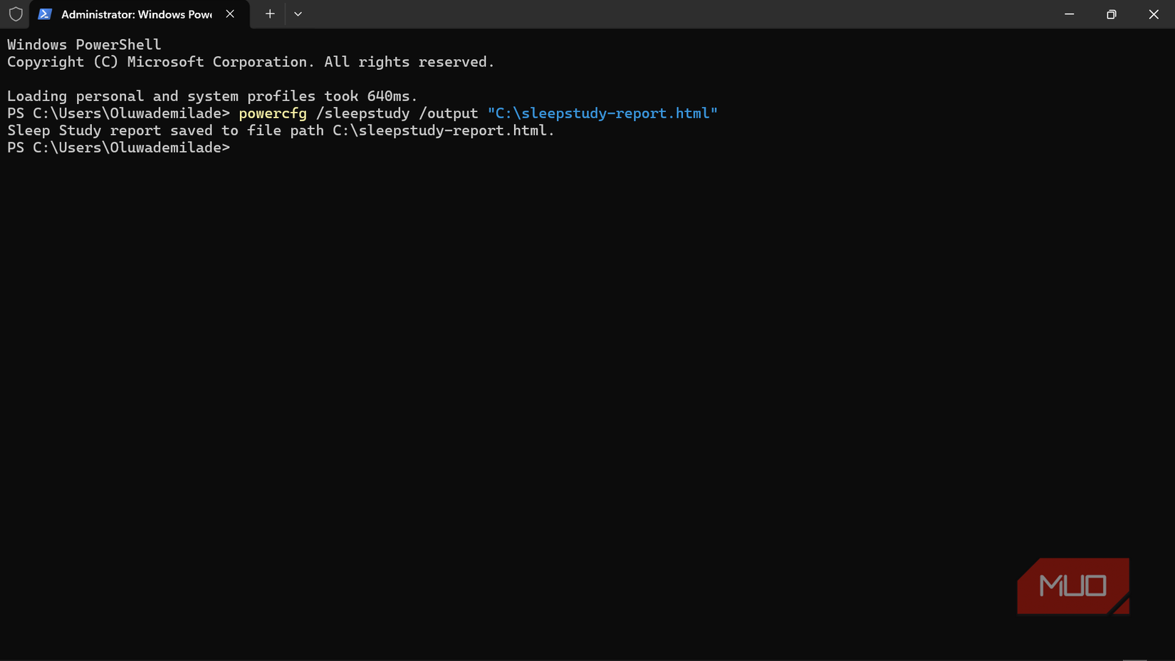 Windows PowerShell running powercfg sleepstudy command