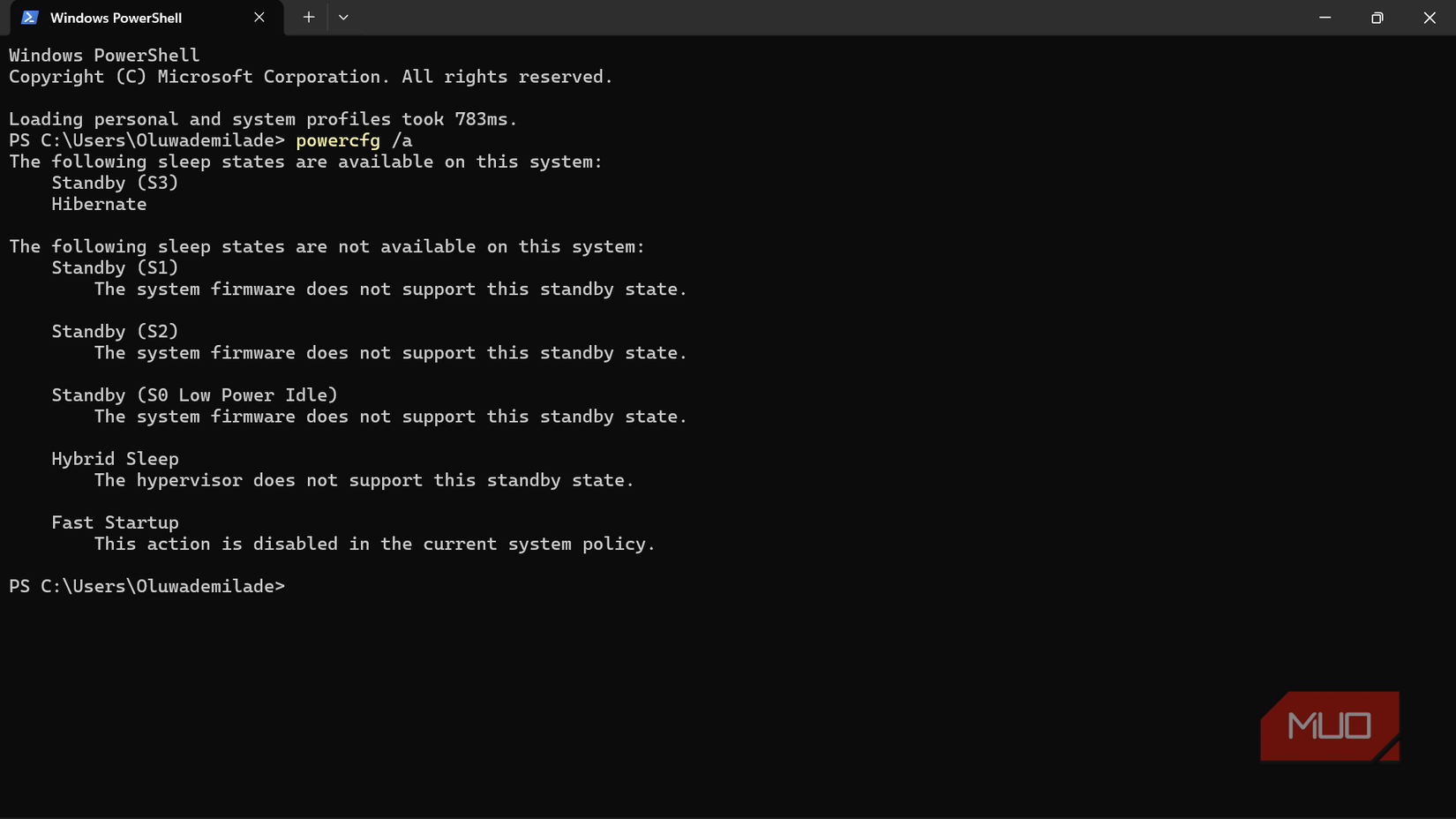 Windows PowerShell showing available sleep states