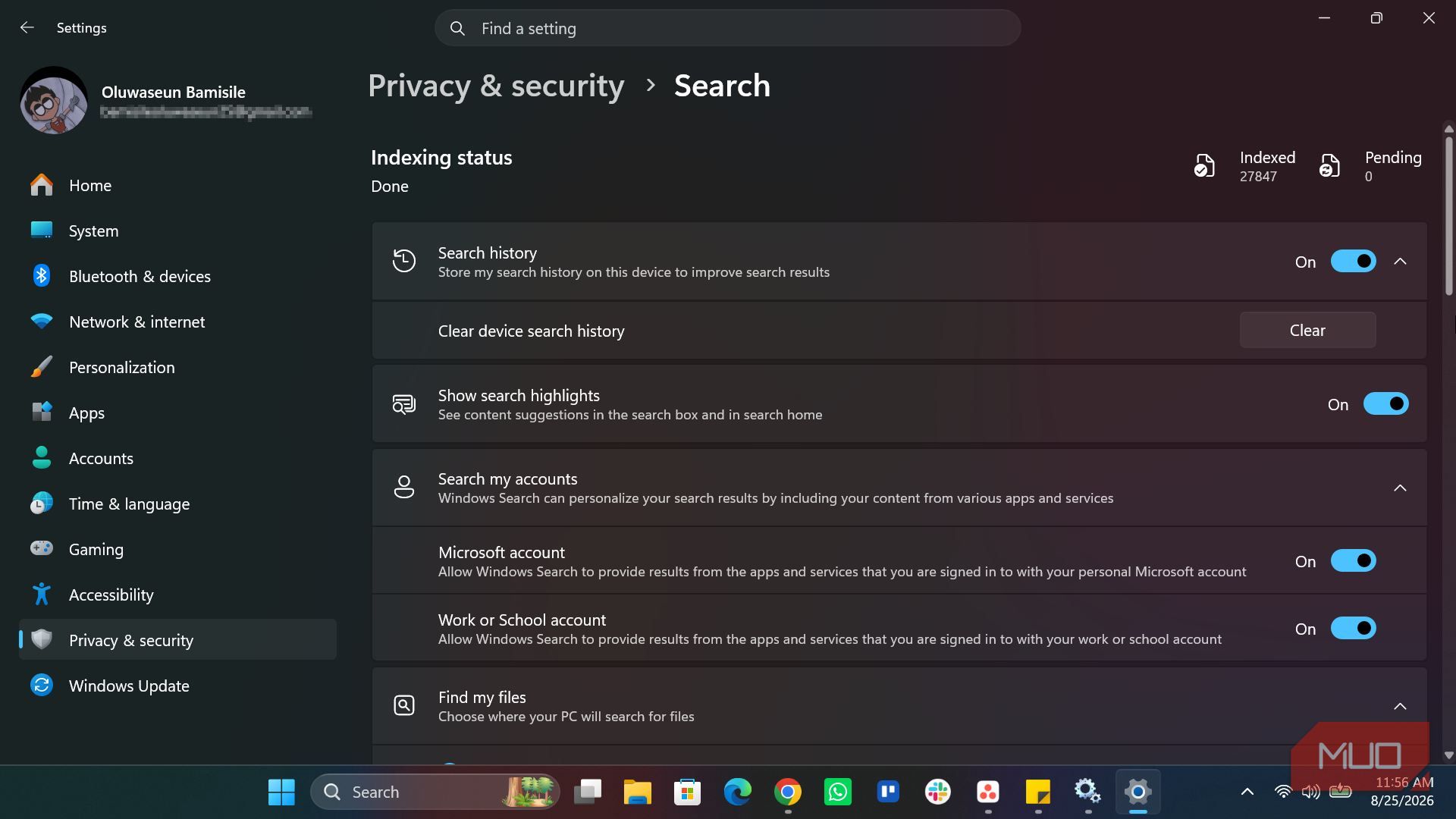 Windows Search section in Settings