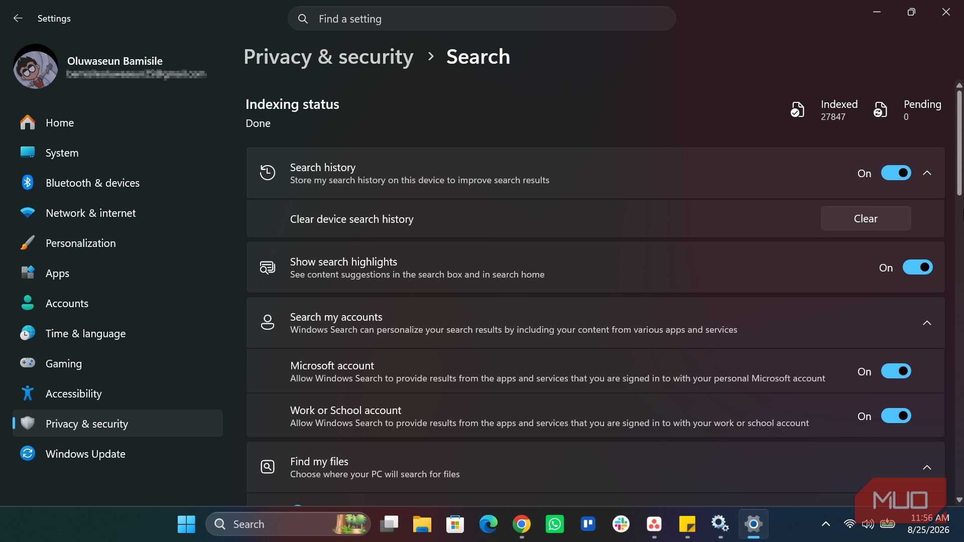 Windows Search section in Settings