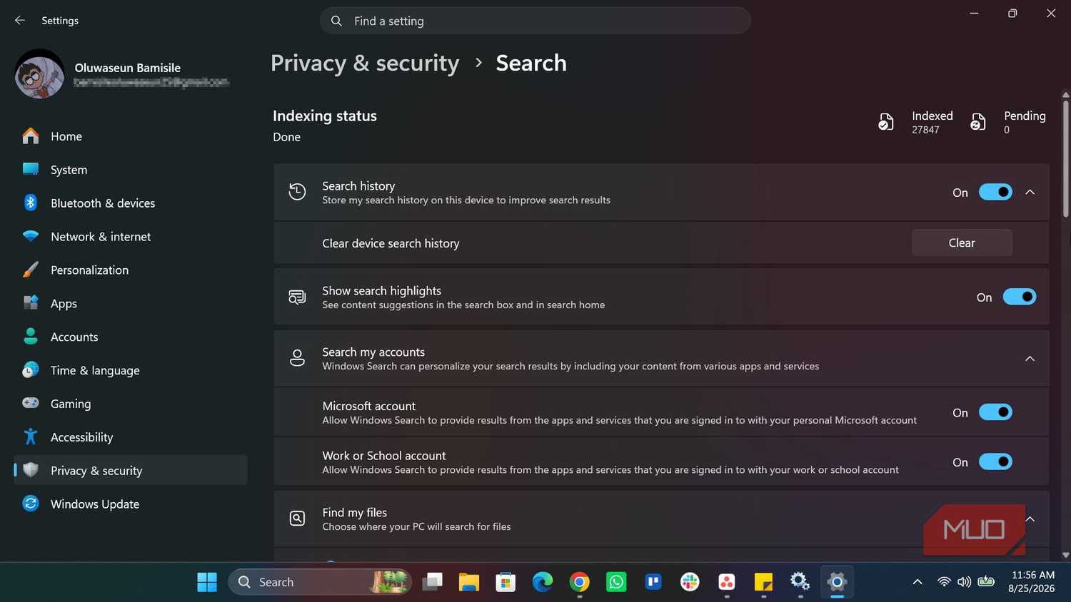 Windows Search section in Settings
