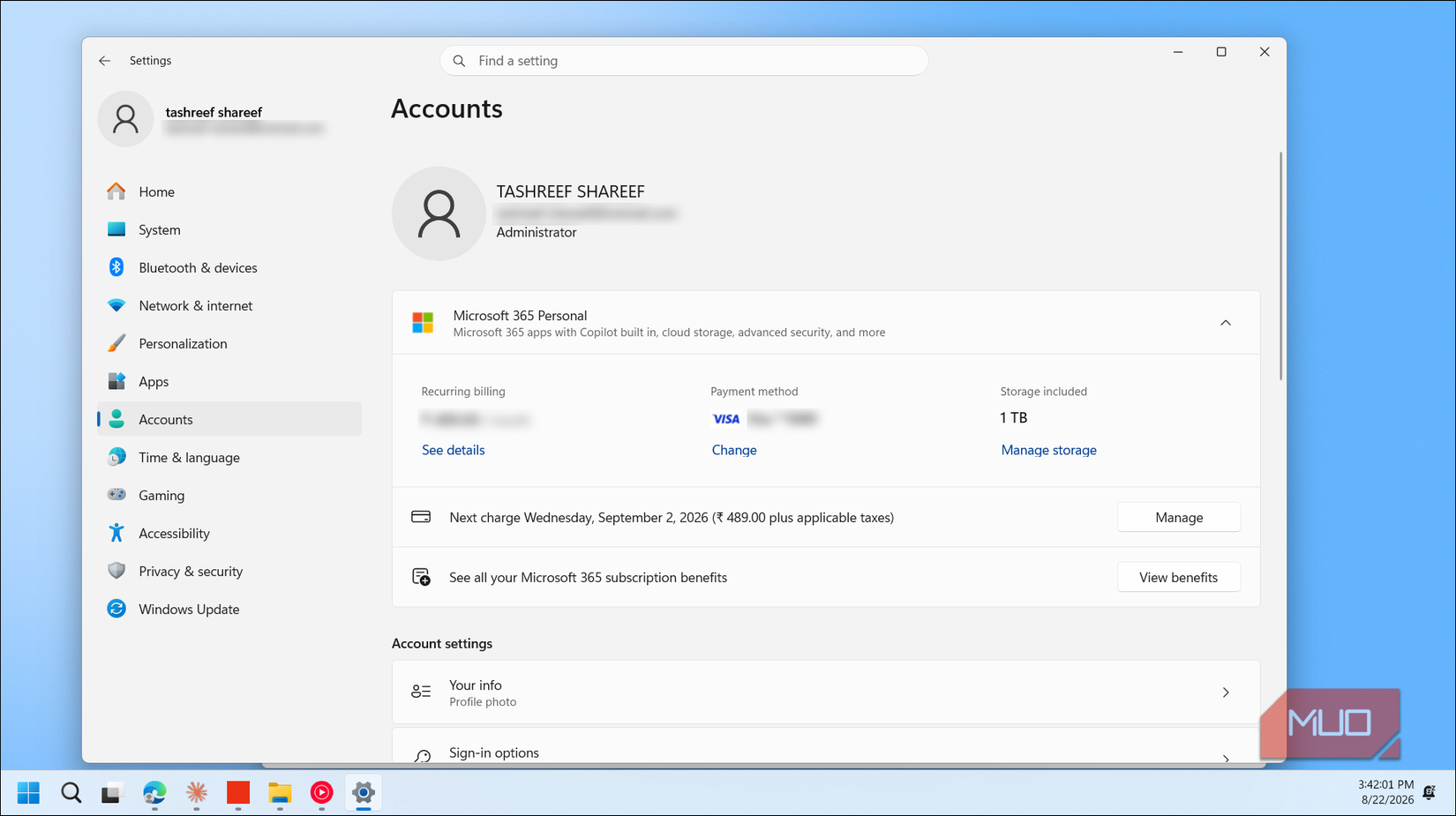 windows settings accounts page showing administrator account with microsoft 365