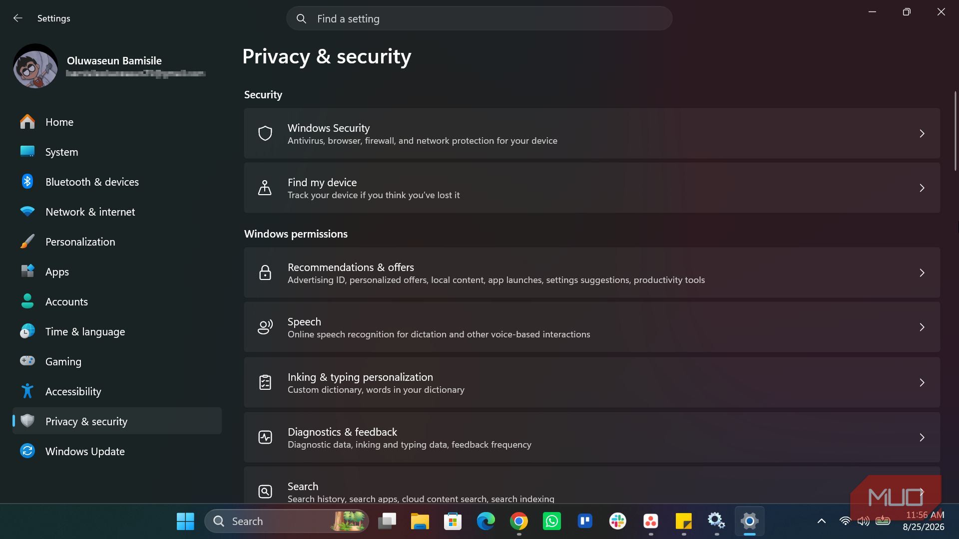 Windows Settings Privacy and Security page