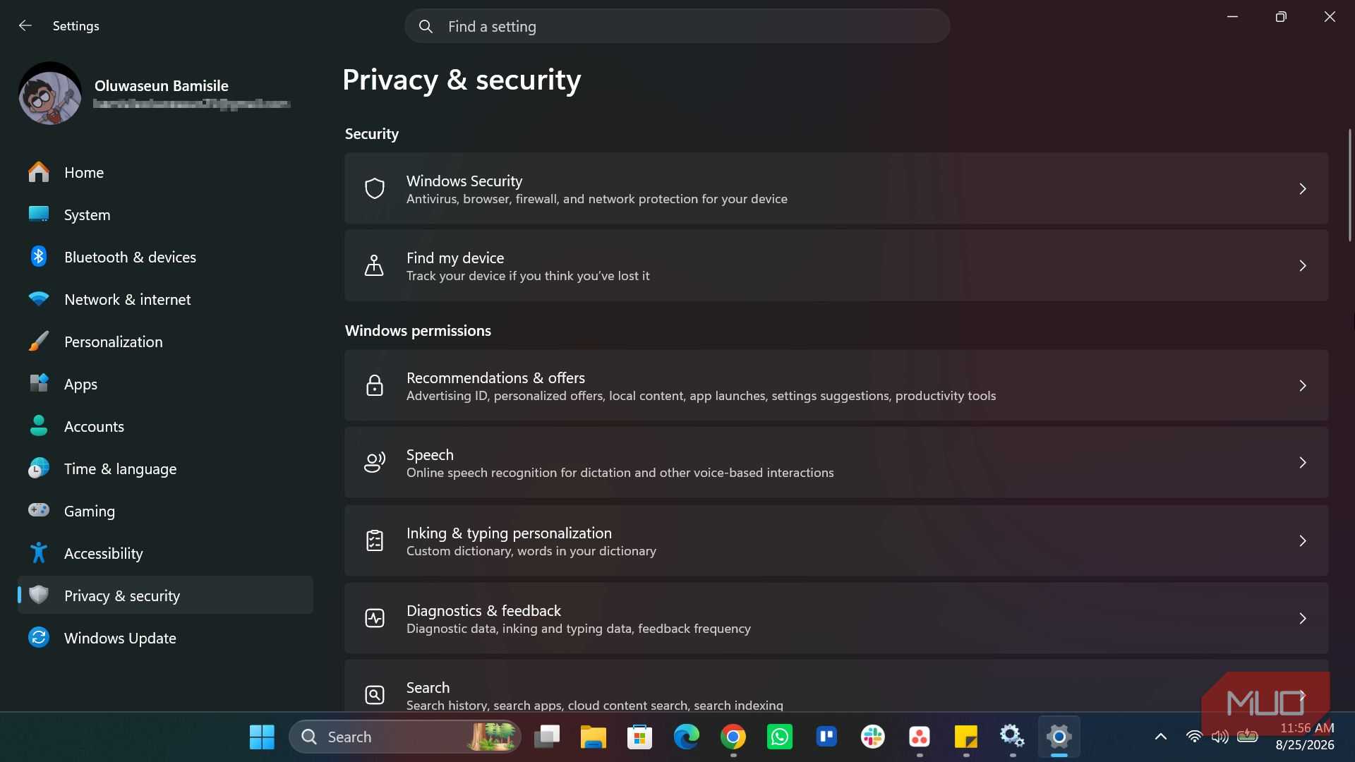 Windows Settings Privacy and Security page