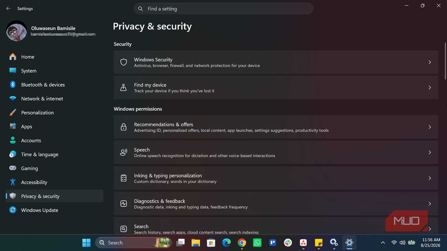 Windows Settings Privacy and Security page