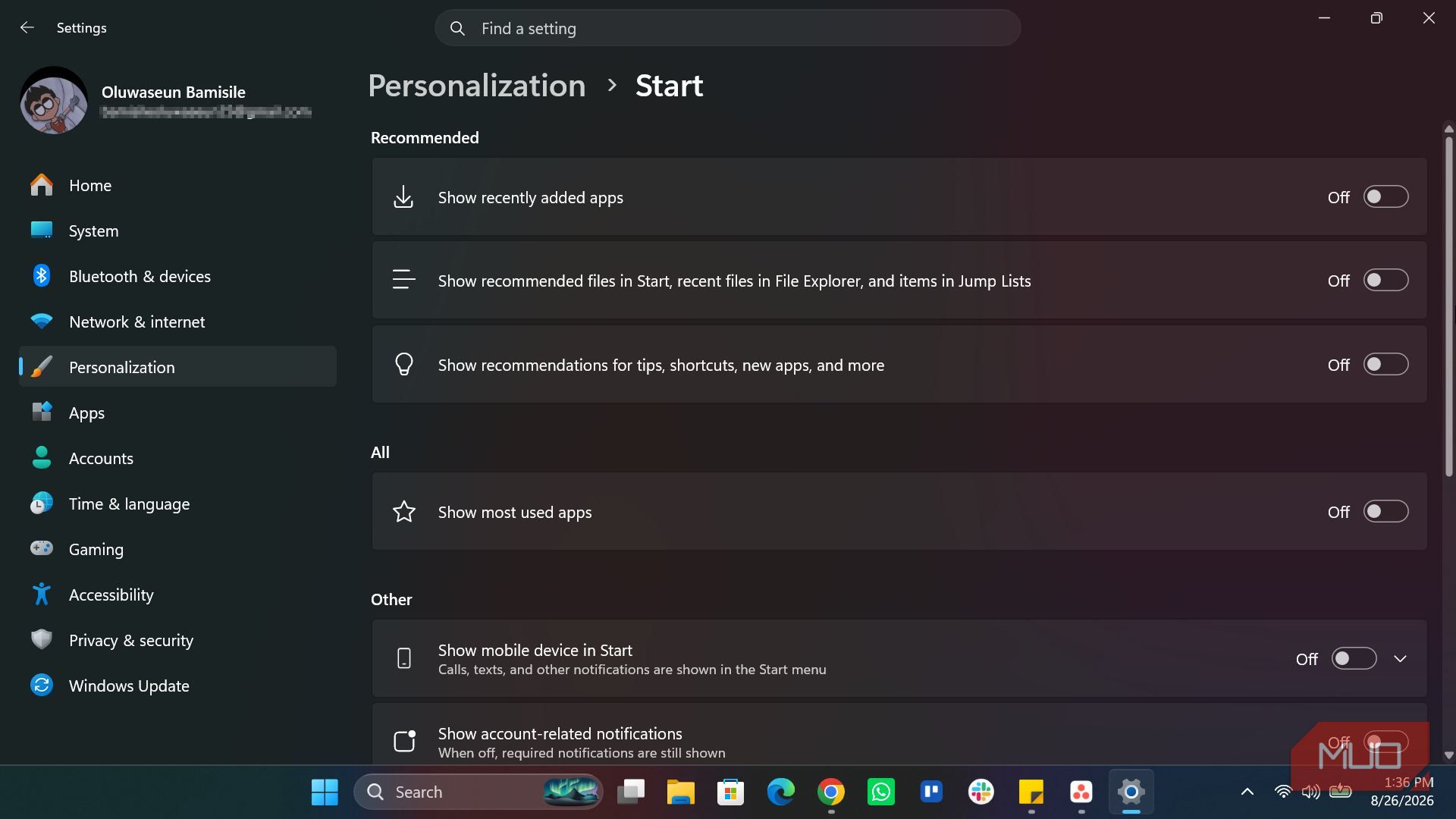 Windows Start settings