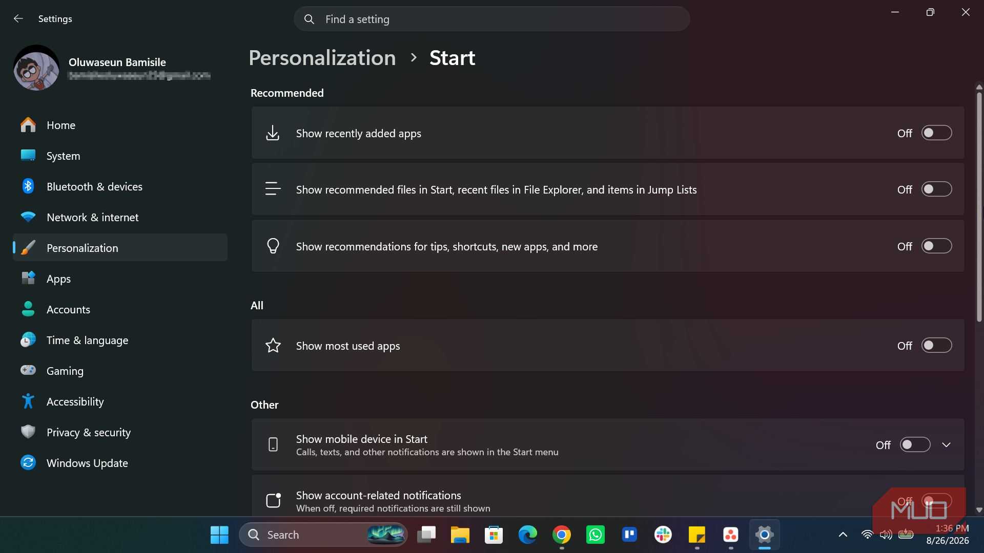 Windows Start settings