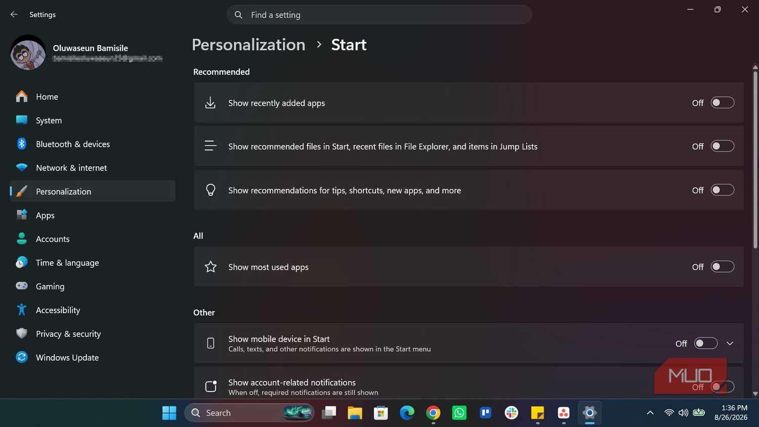 Windows Start settings