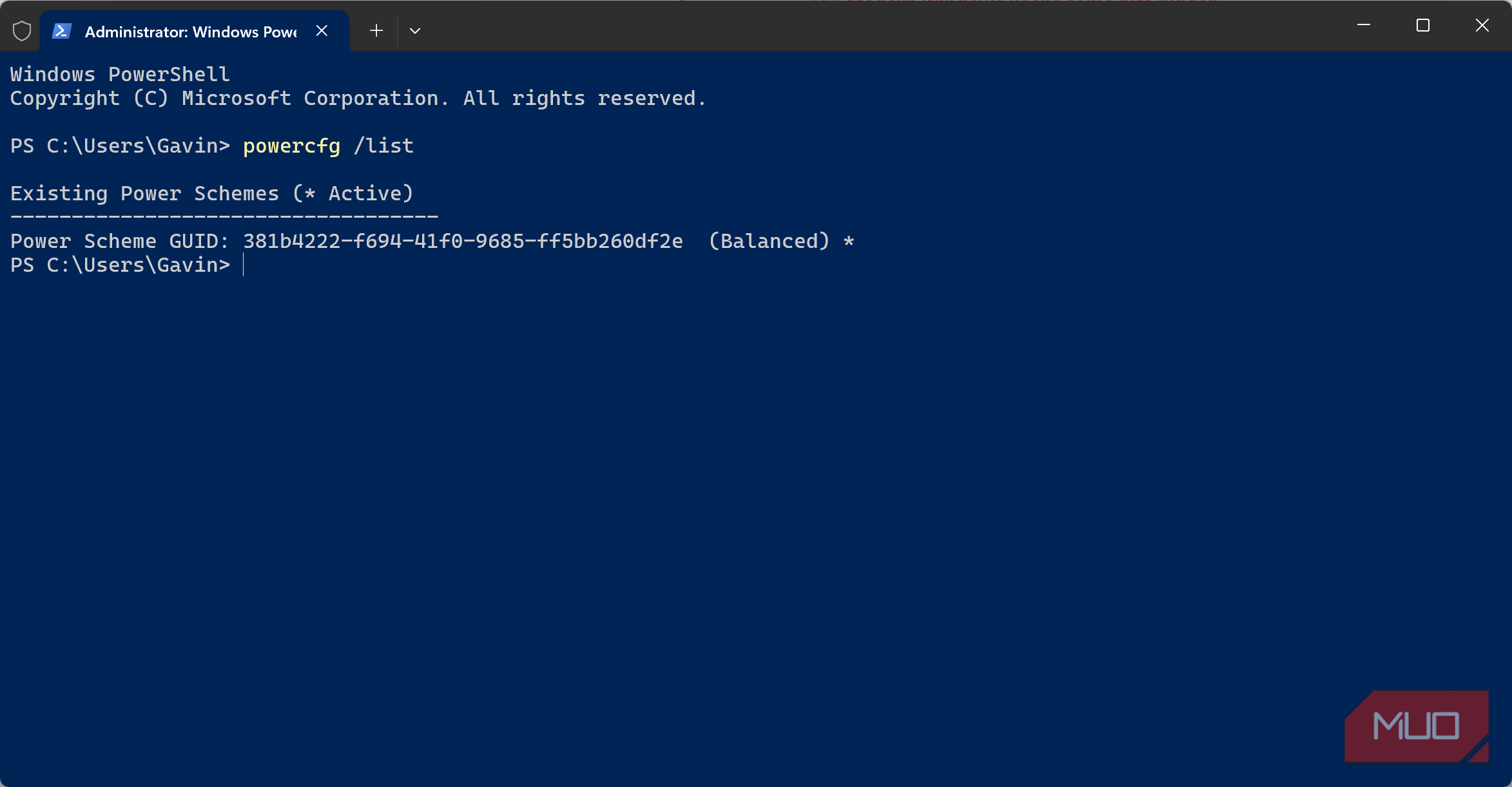 Windows terminal powercfg command show active power plans