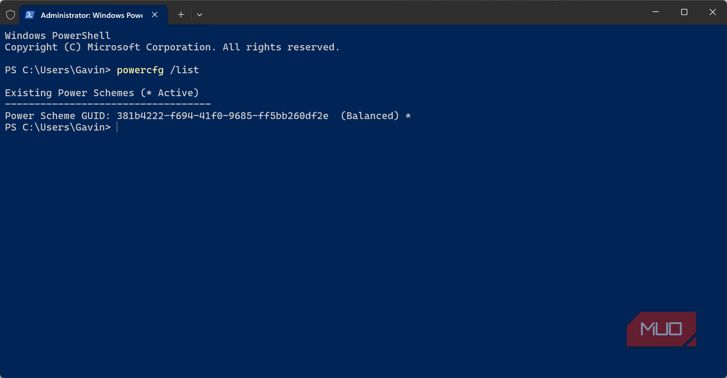 Windows terminal powercfg command show active power plans