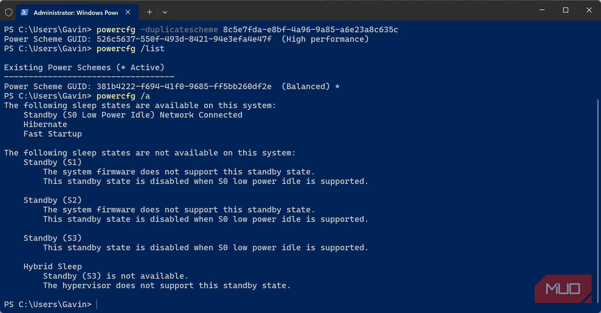 Windows terminal powercfg command show sleep states