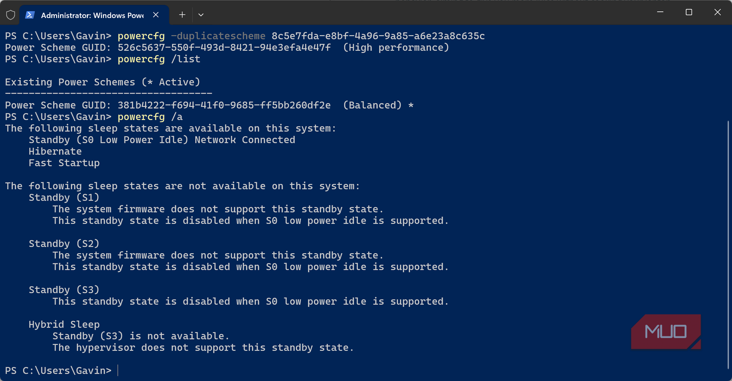 Windows terminal powercfg command show sleep states